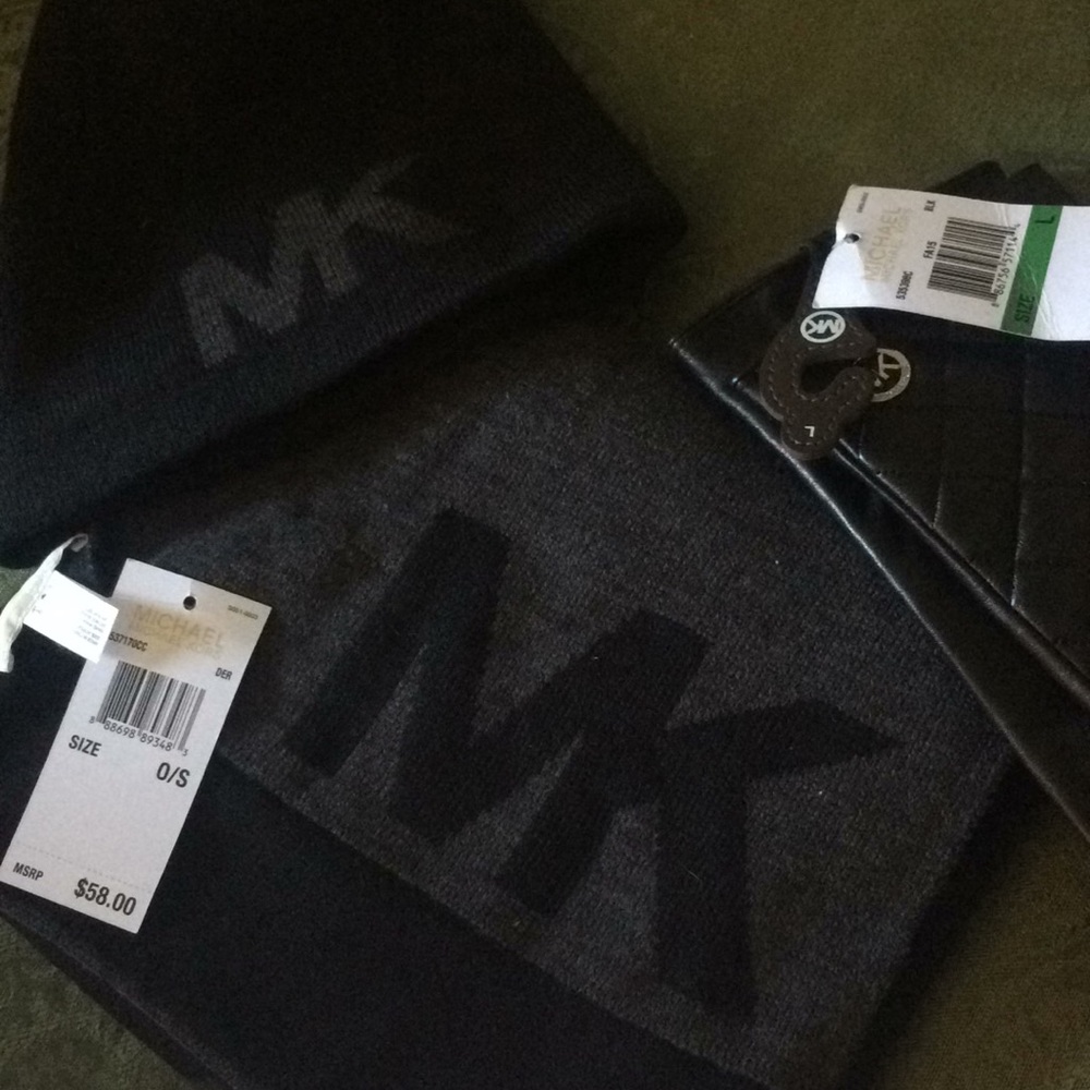 Mk leather gloves  mk scarf and mk beanie.